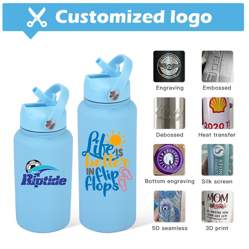 2024 Custom Logo 1L Wide Mouth Water Bottle With Straw 32 oz Vacuum flask 304 Stainless Steel Double Wall Outdoor Sports