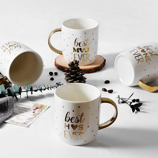Modern Design Gold Dots Pattern Ceramic Coffee Mug Stoneware Gold Handle Couple Tea Cup