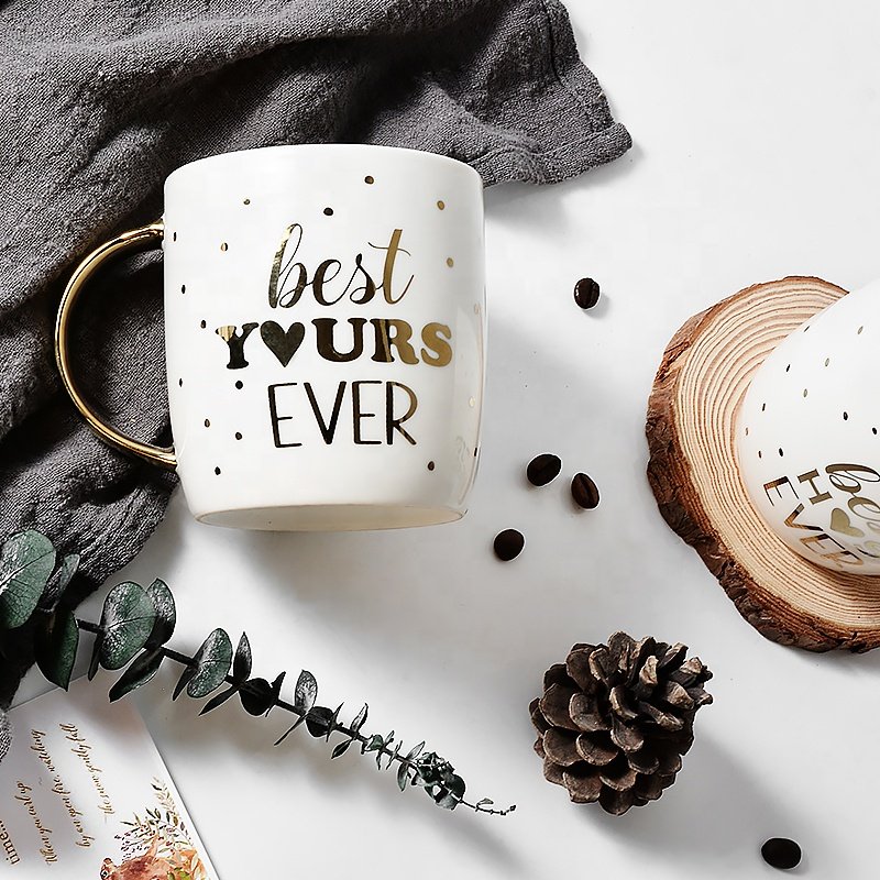 Modern Design Gold Dots Pattern Ceramic Coffee Mug Stoneware Gold Handle Couple Tea Cup