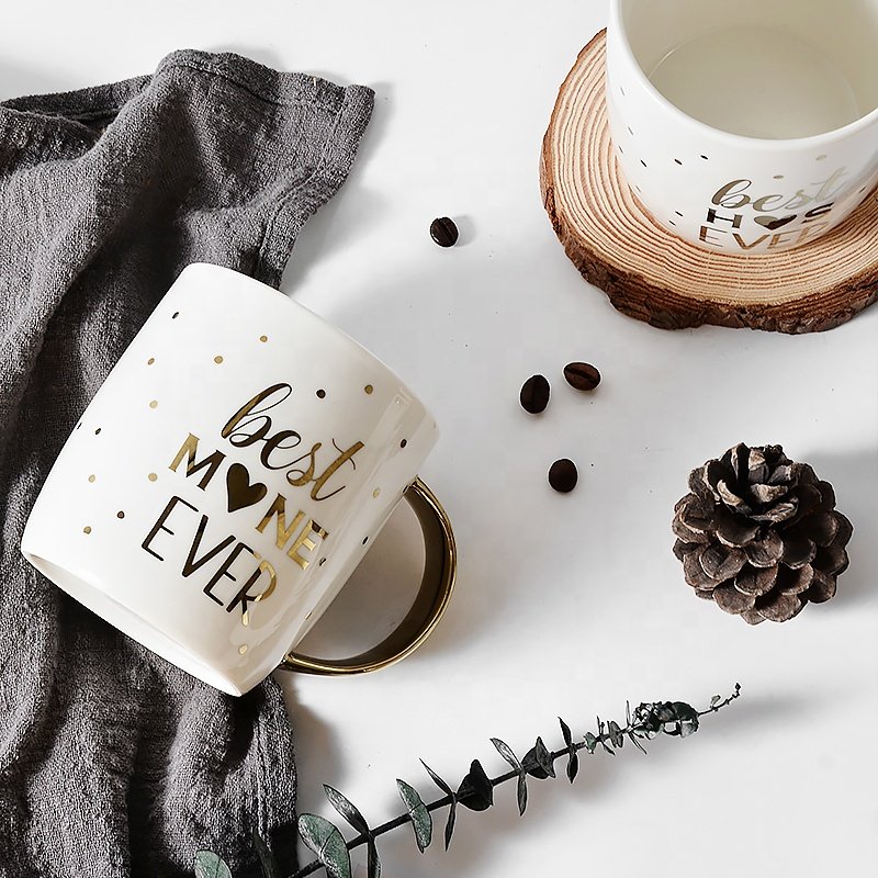 Modern Design Gold Dots Pattern Ceramic Coffee Mug Stoneware Gold Handle Couple Tea Cup