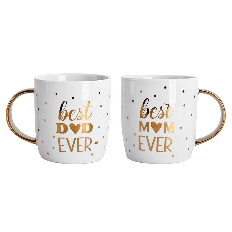 Modern Design Gold Dots Pattern Ceramic Coffee Mug Stoneware Gold Handle Couple Tea Cup