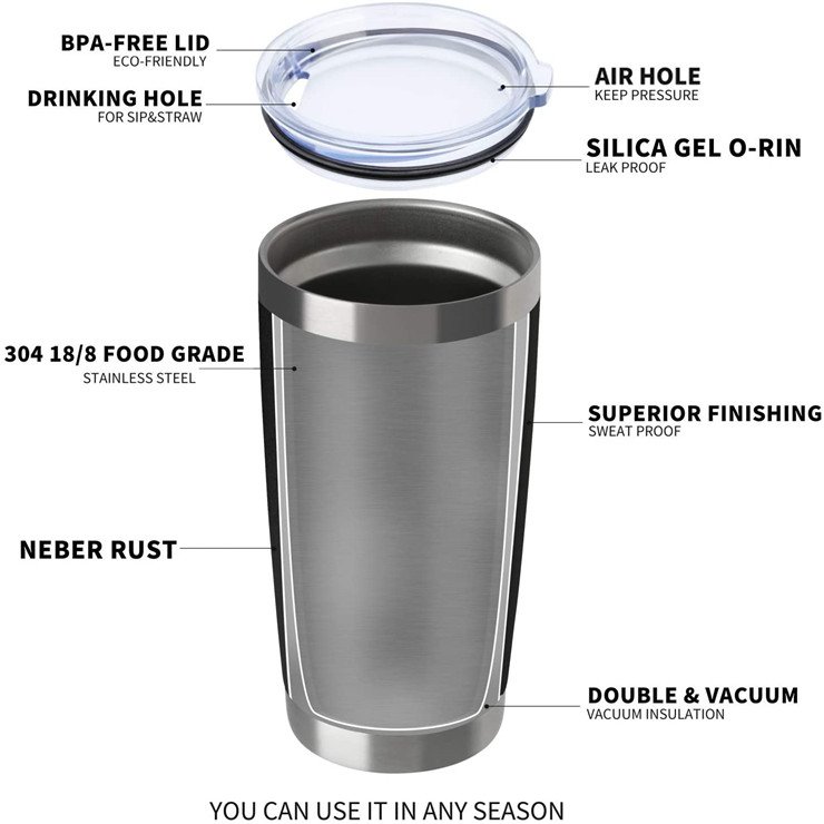 Custom 20oz double wall Vacuum Insulated Car Cup powder coated tumbler vacuum cup Thermal stainless steel coffee mug with lid