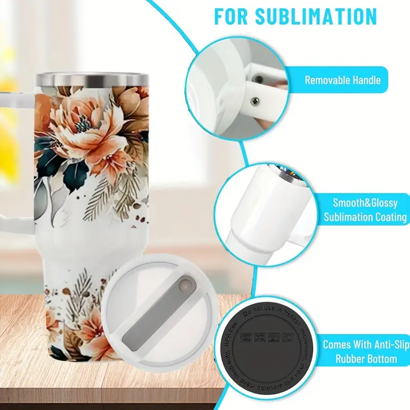 40oz H2.0 Stainless Steel Double Wall Vacuum Metal Cup Travel Coffee Mug White SublimationTumbler with Handle