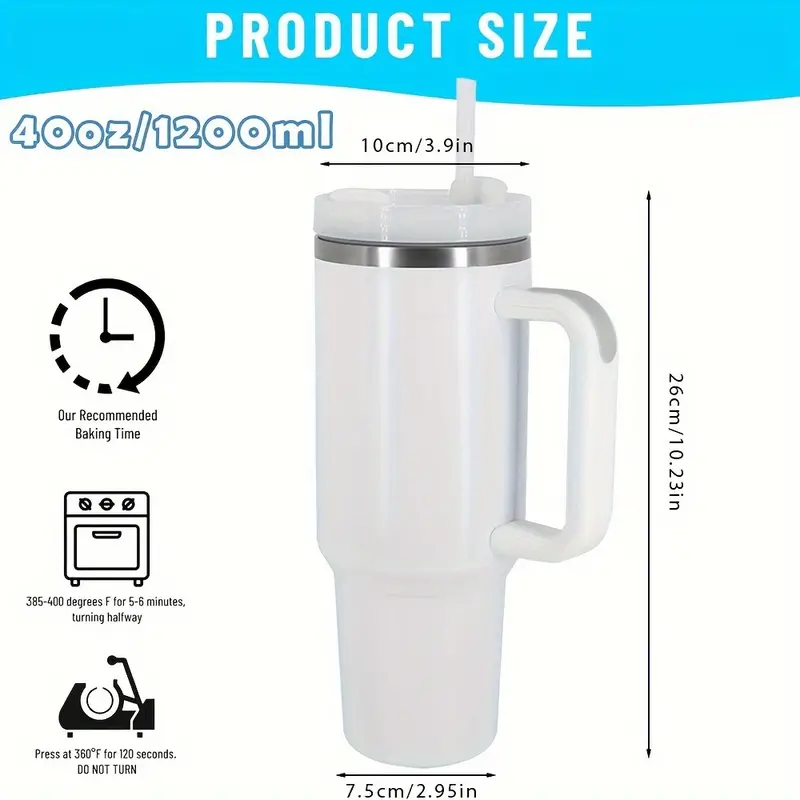 40oz H2.0 Stainless Steel Double Wall Vacuum Metal Cup Travel Coffee Mug White SublimationTumbler with Handle
