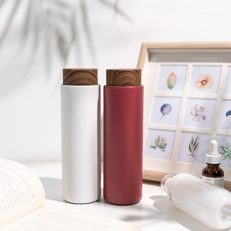 400ml Wooden Grain Cover Customized Color Lid Straight Bottles Stainless Steel Vacuum Insulated Water Bottles with Tea Infuser