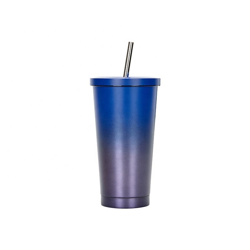 Reusable 16oz designed tumbler insulated mug classic style double wall juice sipper cup with straw
