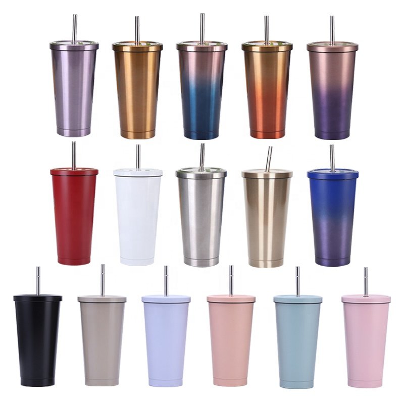 Reusable 16oz designed tumbler insulated mug classic style double wall juice sipper cup with straw