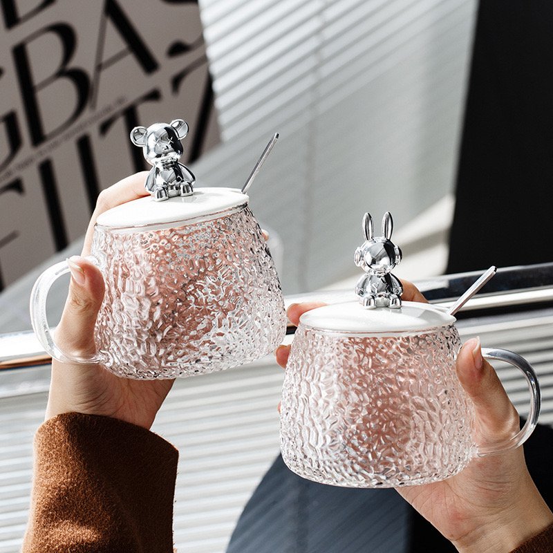 Big Stock 450ml White Frosted Clear Bear Cute Glass Cup Flower Drinking Tea Cup Coffee Mug With Lid And Spoon