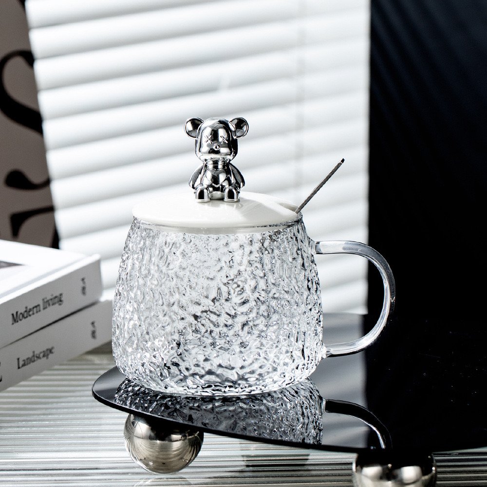 Big Stock 450ml White Frosted Clear Bear Cute Glass Cup Flower Drinking Tea Cup Coffee Mug With Lid And Spoon