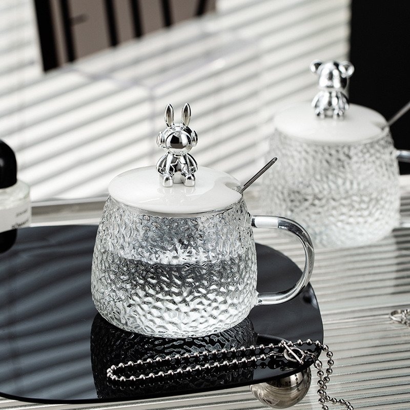 Big Stock 450ml White Frosted Clear Bear Cute Glass Cup Flower Drinking Tea Cup Coffee Mug With Lid And Spoon