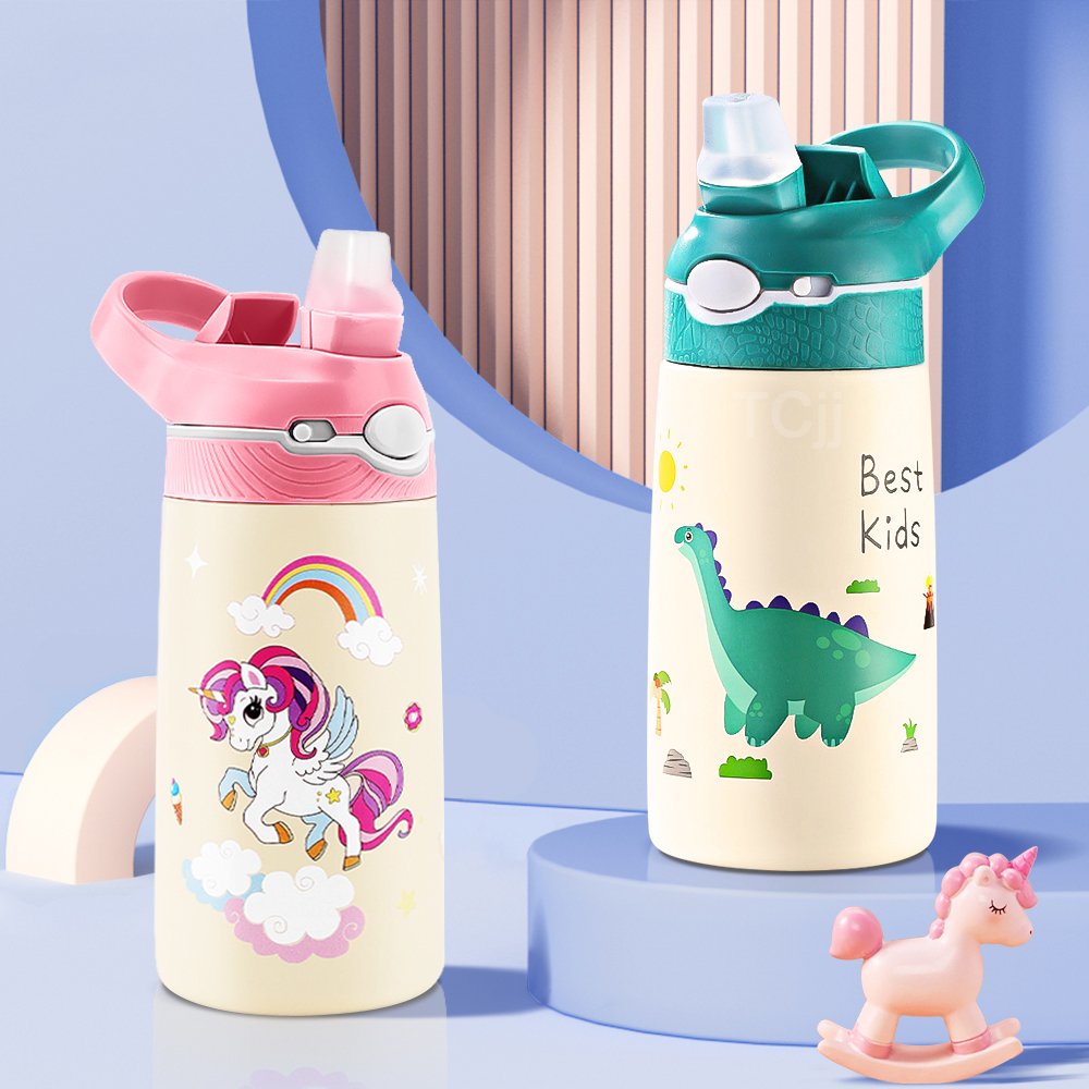 400ML Cartoon Water Bottle For Kids Cute Children's Cup With Straw Custom Stainless Steel Thermos Bottle Mug Cups