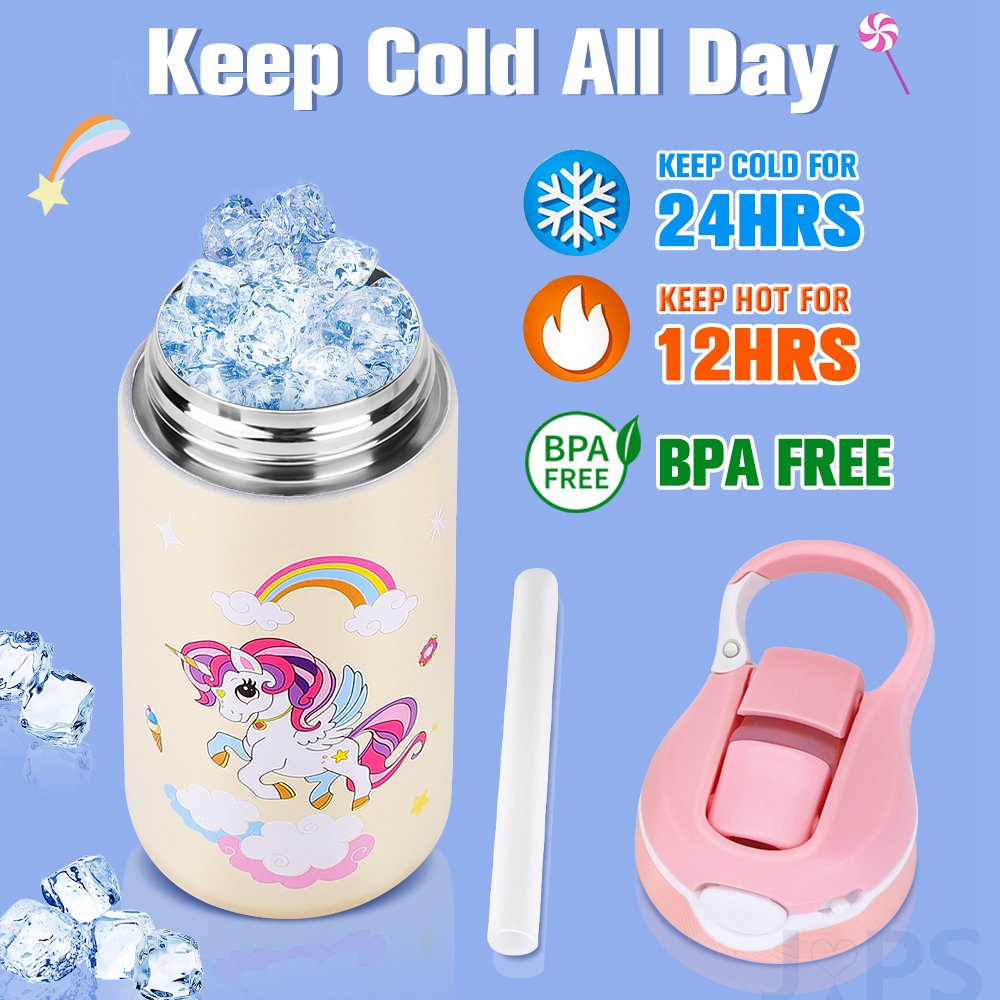 400ML Cartoon Water Bottle For Kids Cute Children's Cup With Straw Custom Stainless Steel Thermos Bottle Mug Cups