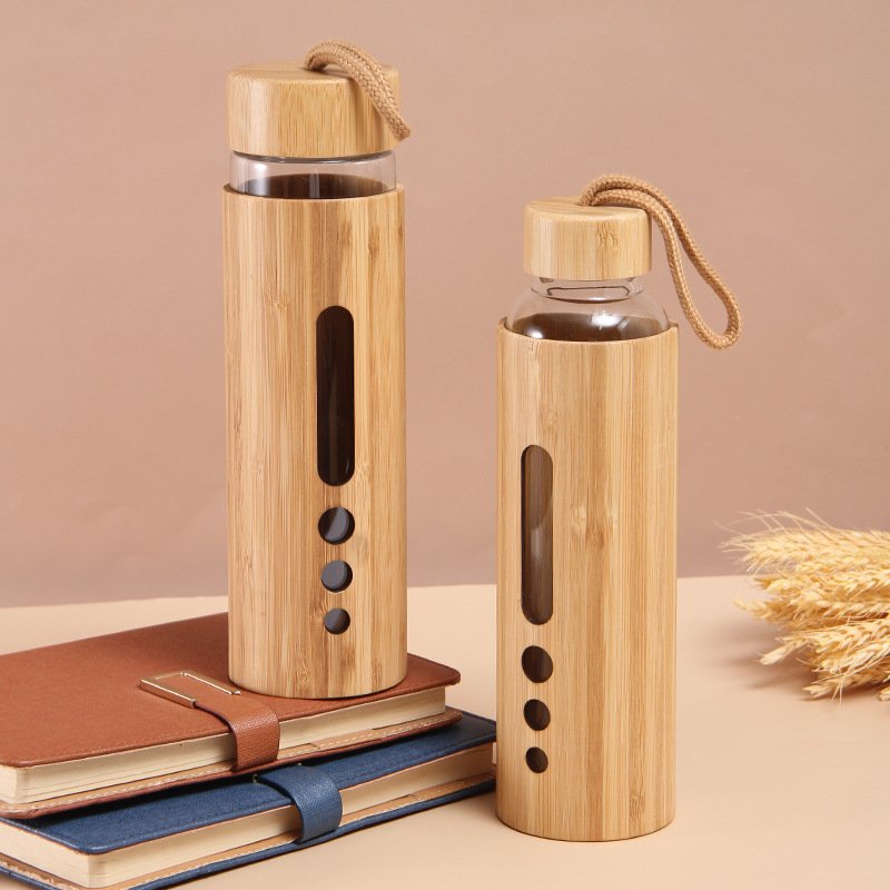 2023 Hot Selling 500ml Adults Hiking Gift Eco-Friendly Transparent Bio Degradable Water Glass Bottle With Bamboo Lid And Cover