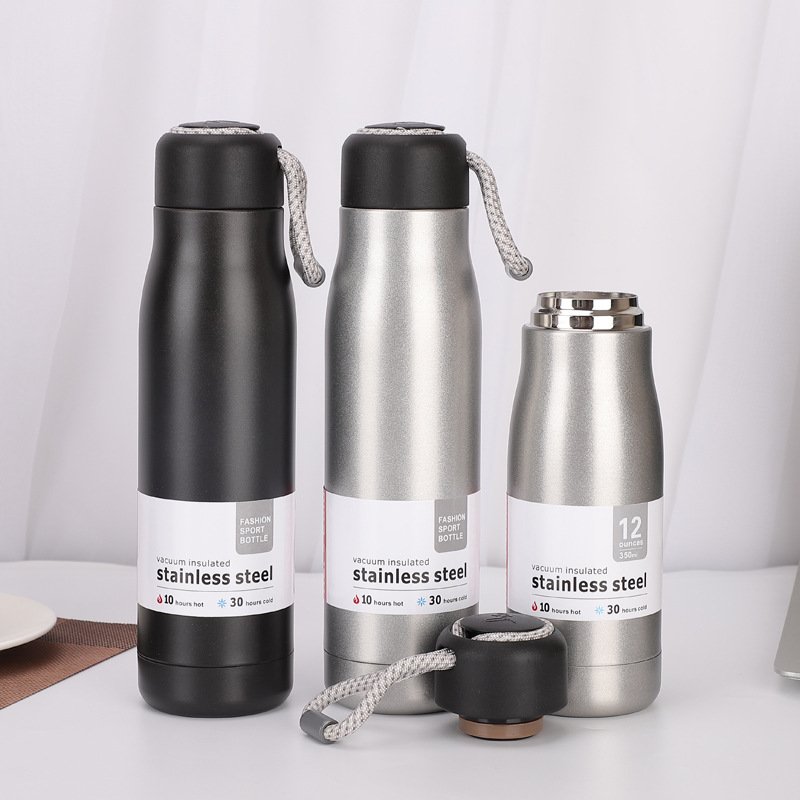 Portable double wall 304 stainless steel 14 oz thermos vacuum flask insulated water bottle with rope