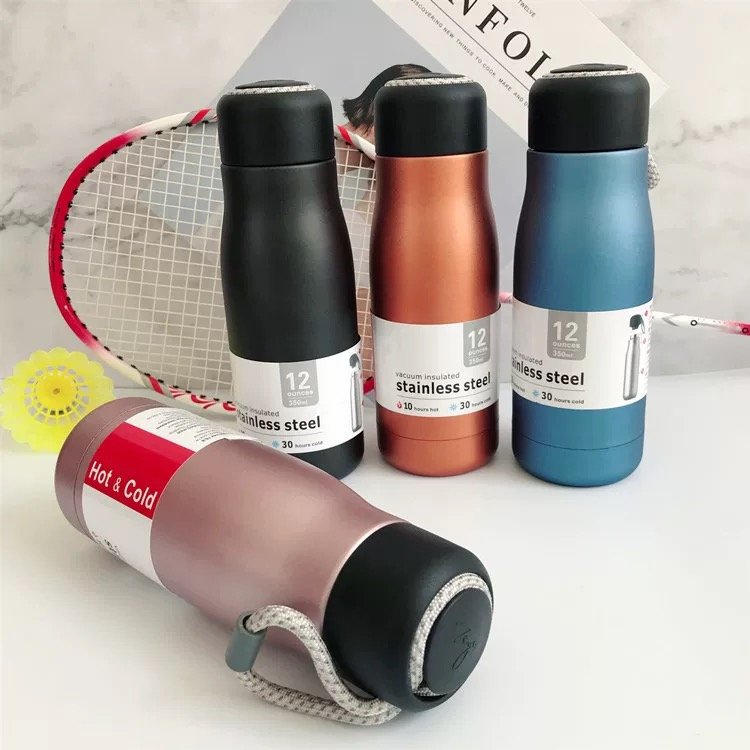 Portable double wall 304 stainless steel 14 oz thermos vacuum flask insulated water bottle with rope