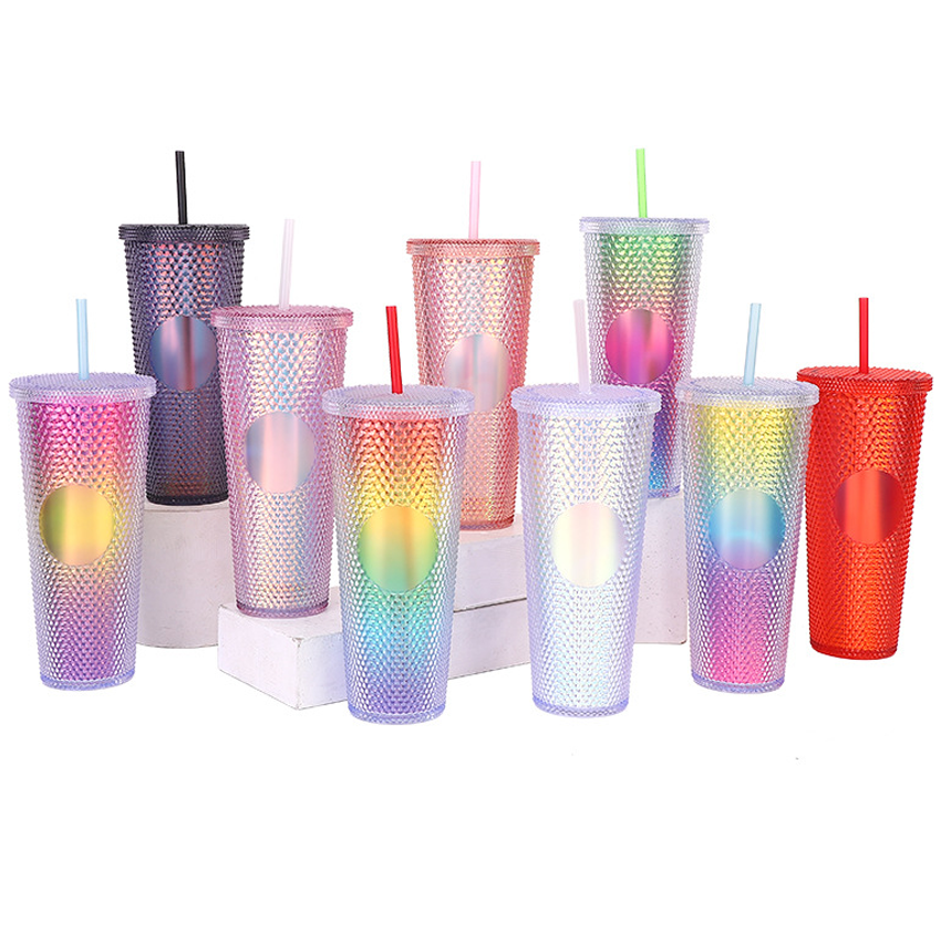 Custom Logo 24oz Reusable Diamond Drinking Cups Multi Color Acrylic Double Wall Mug Plastic Studded Tumblers