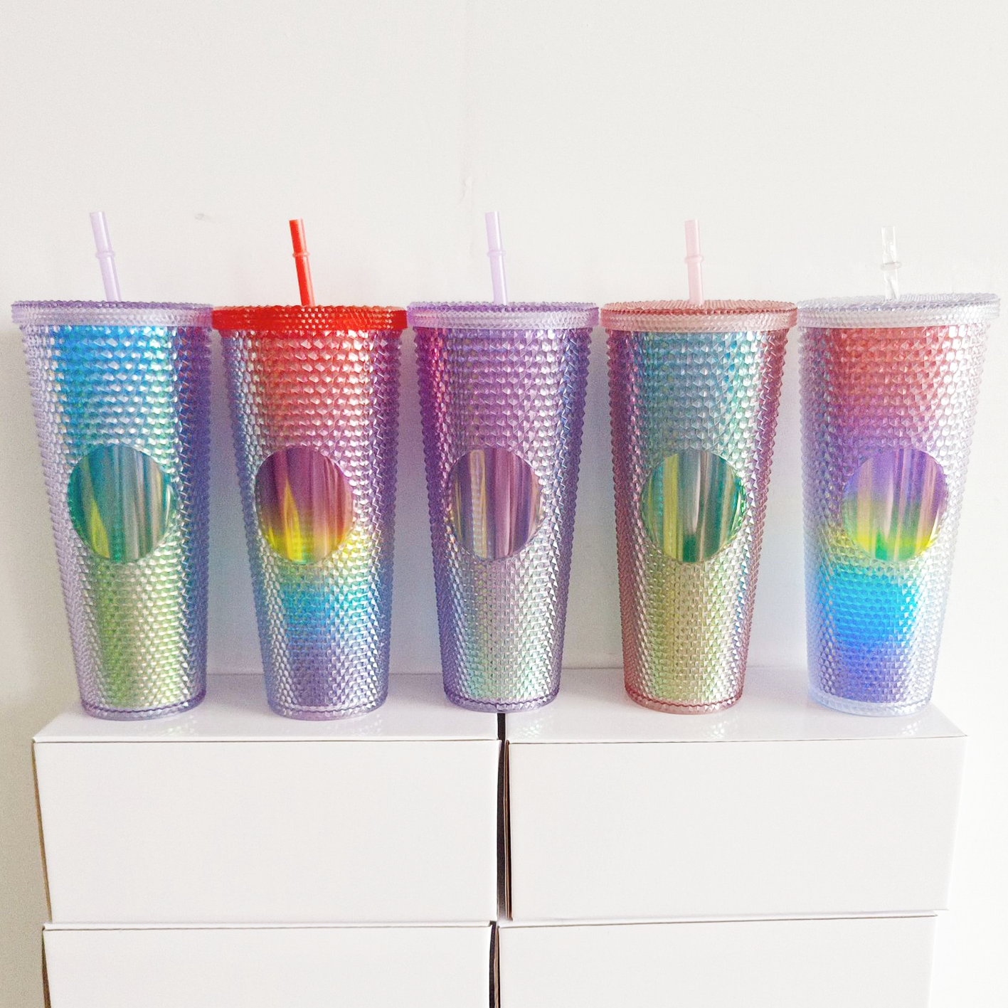 Custom Logo 24oz Reusable Diamond Drinking Cups Multi Color Acrylic Double Wall Mug Plastic Studded Tumblers