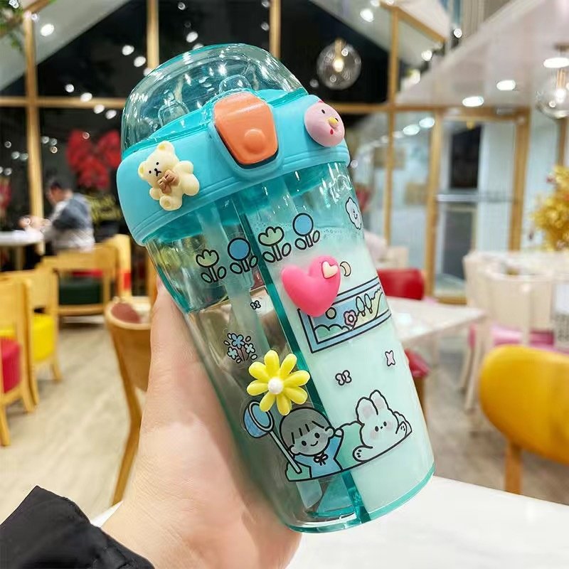 Popular cute cartoon pattern kid's water bottle portable with double plastic straws children's outdoor travel drinking water cup