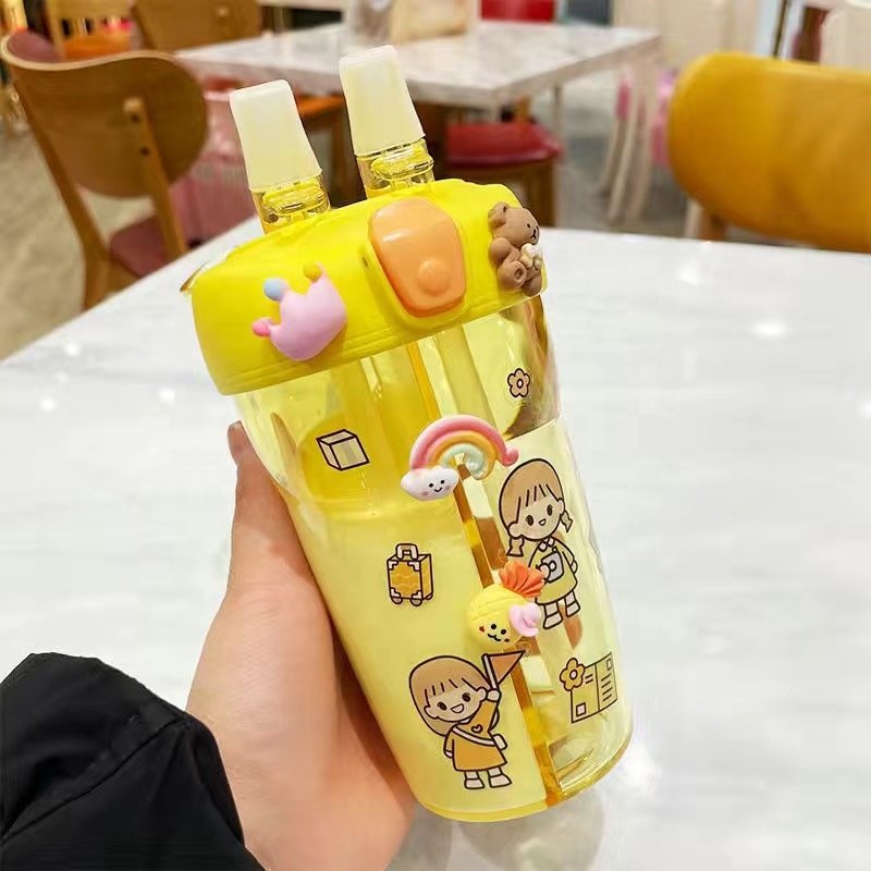 Popular cute cartoon pattern kid's water bottle portable with double plastic straws children's outdoor travel drinking water cup