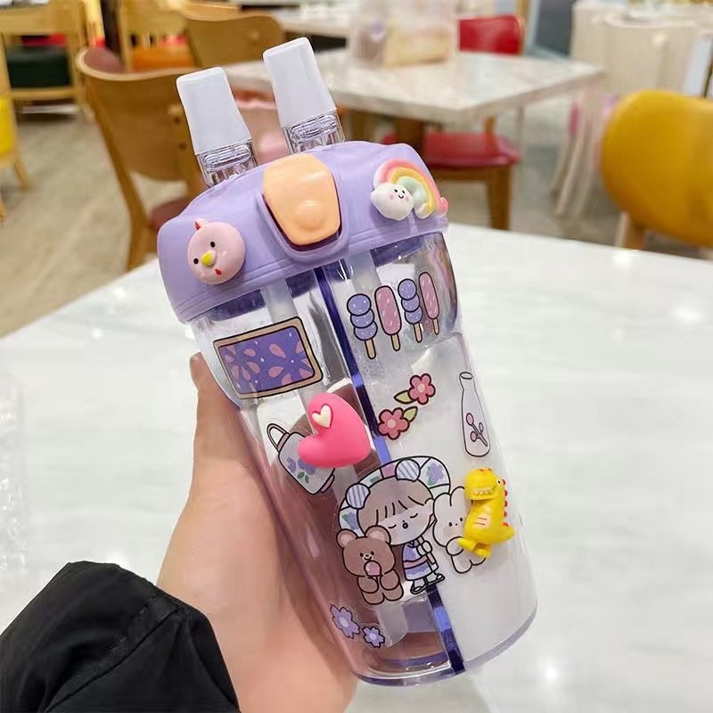 Popular cute cartoon pattern kid's water bottle portable with double plastic straws children's outdoor travel drinking water cup