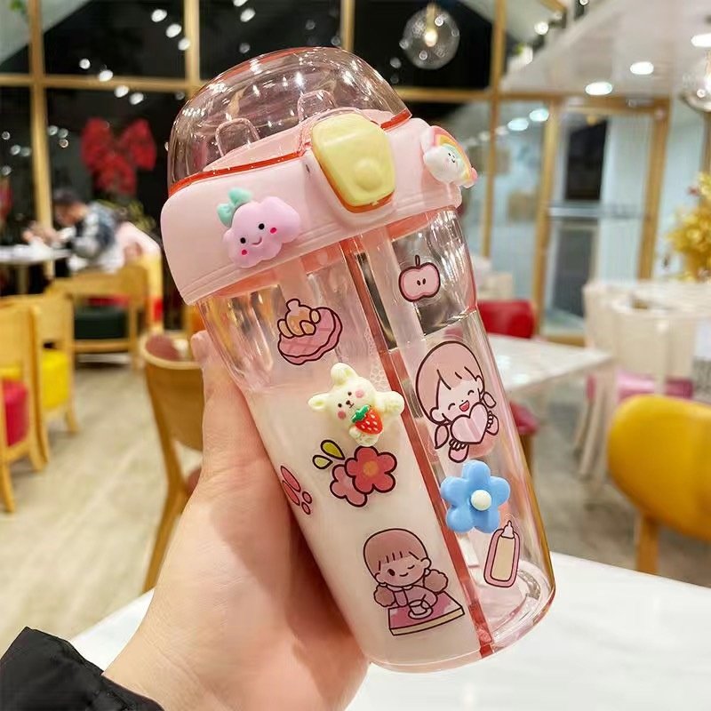 Popular cute cartoon pattern kid's water bottle portable with double plastic straws children's outdoor travel drinking water cup