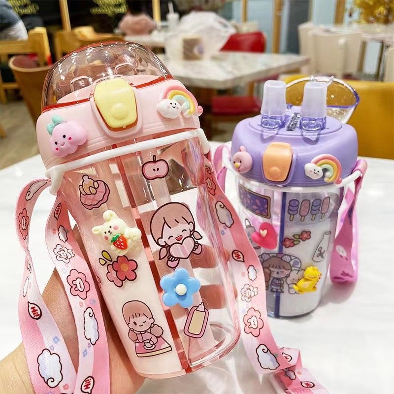 Popular cute cartoon pattern kid's water bottle portable with double plastic straws children's outdoor travel drinking water cup