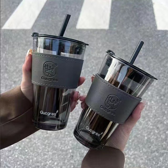 350ml 450ml ins custom logo leatherhigh quality glass water cup for student Coffee Mug With Lid and straw