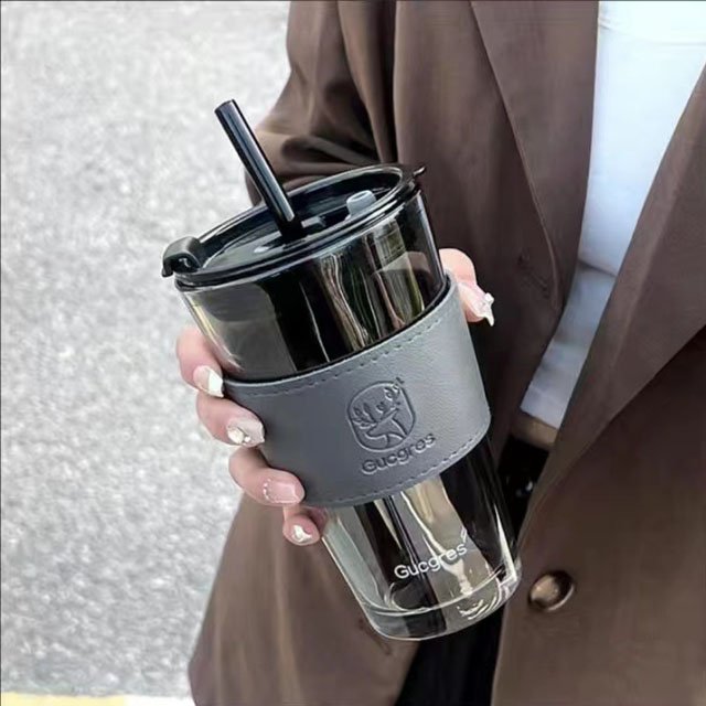 350ml 450ml ins custom logo leatherhigh quality glass water cup for student Coffee Mug With Lid and straw