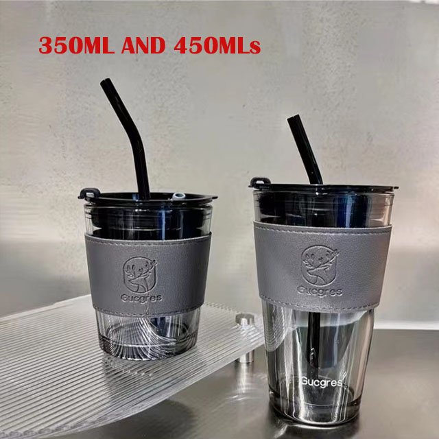 350ml 450ml ins custom logo leatherhigh quality glass water cup for student Coffee Mug With Lid and straw