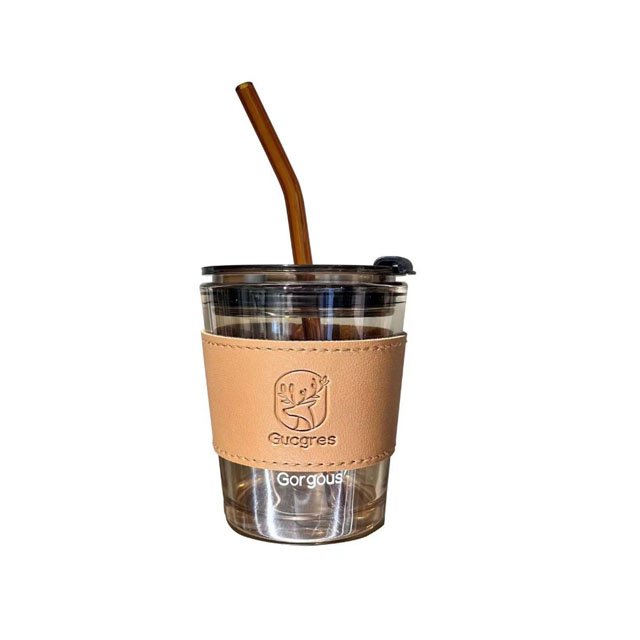 350ml 450ml ins custom logo leatherhigh quality glass water cup for student Coffee Mug With Lid and straw