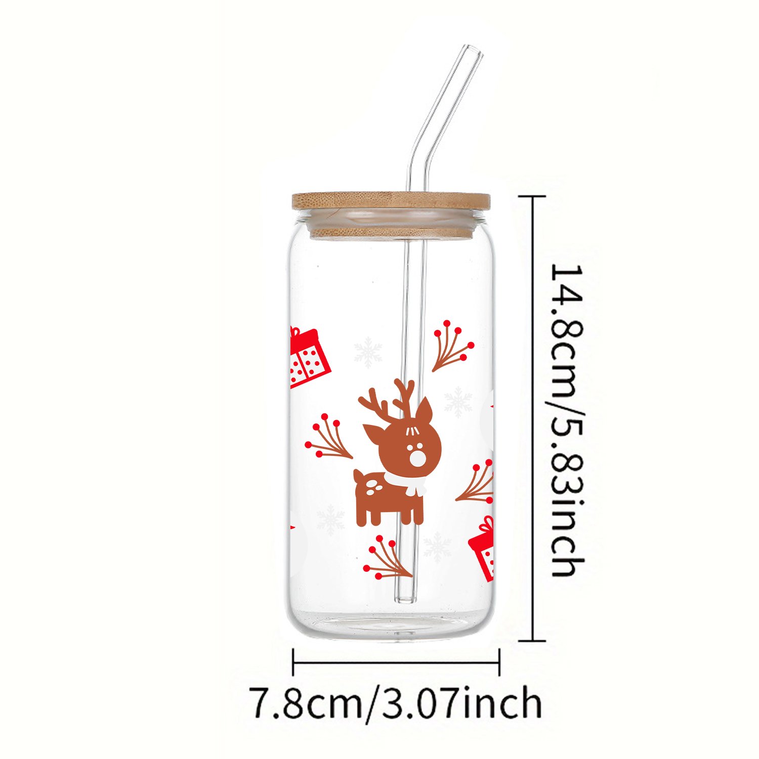 1pc Christmas Coffee Mug 16oz Clear Deer Snowman Decals Glass Tumbler Mug Iced Coffee Lover Gift Soda Cup With Lid And Straw