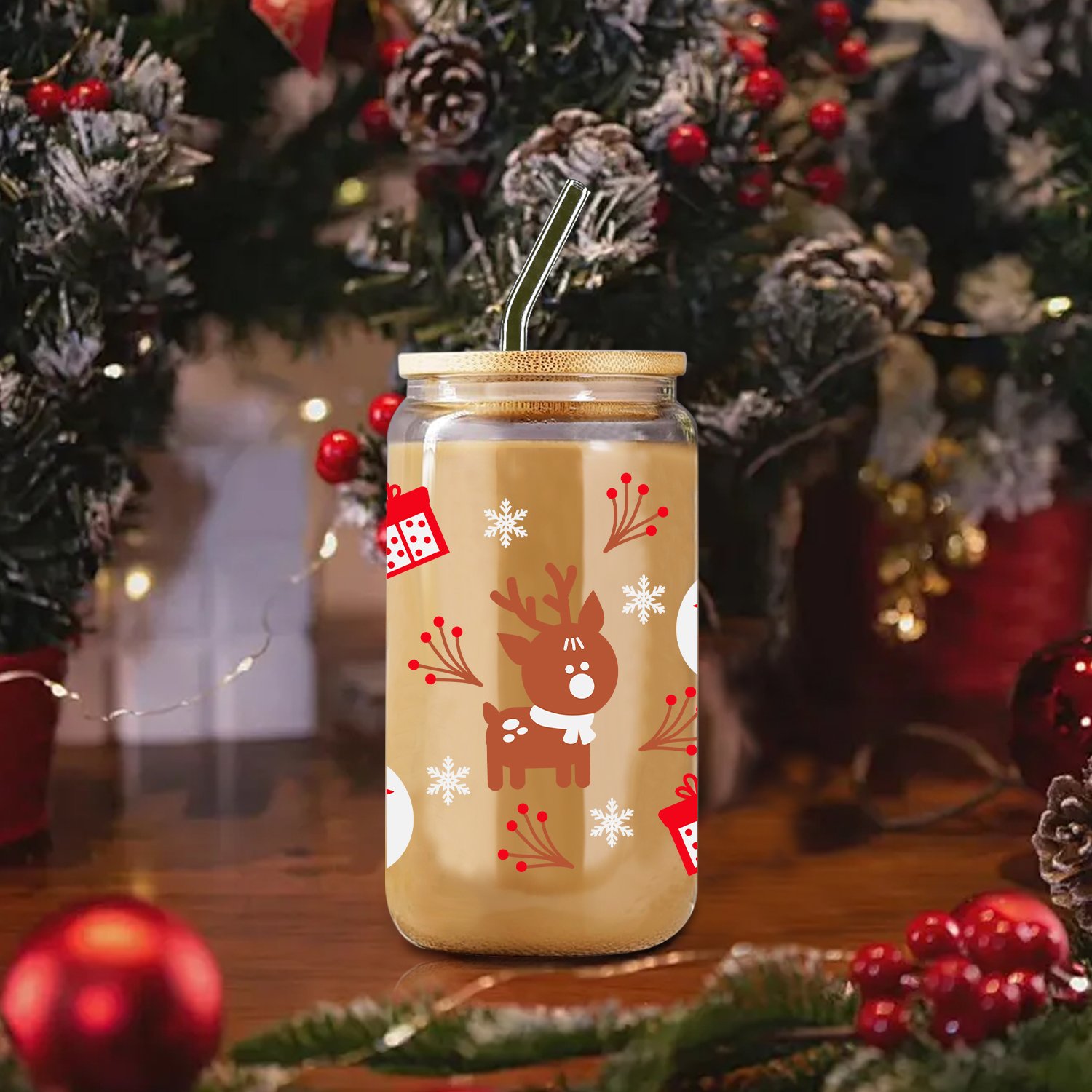 1pc Christmas Coffee Mug 16oz Clear Deer Snowman Decals Glass Tumbler Mug Iced Coffee Lover Gift Soda Cup With Lid And Straw