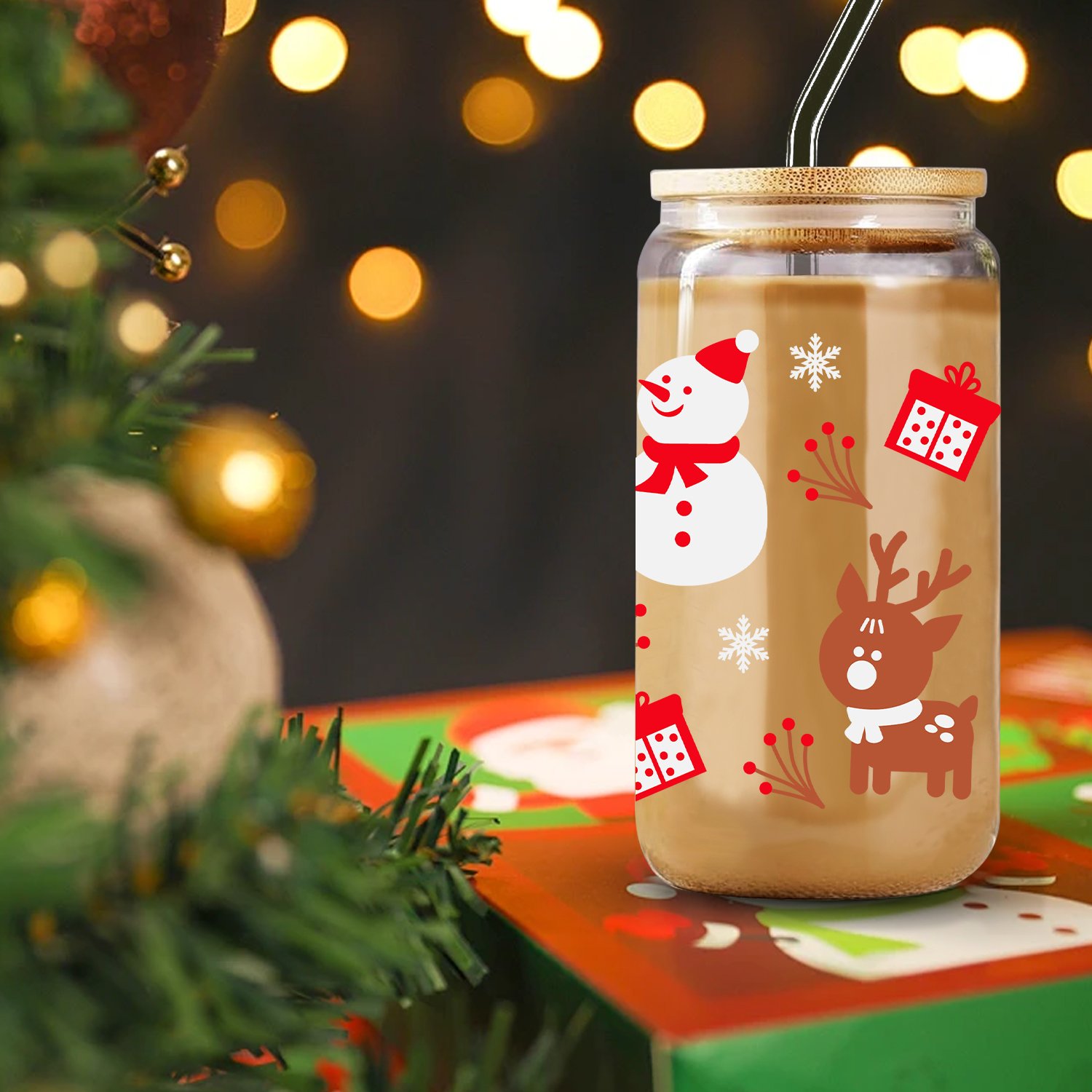 1pc Christmas Coffee Mug 16oz Clear Deer Snowman Decals Glass Tumbler Mug Iced Coffee Lover Gift Soda Cup With Lid And Straw
