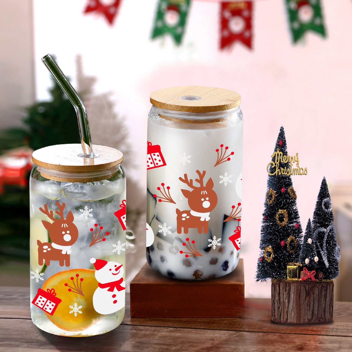1pc Christmas Coffee Mug 16oz Clear Deer Snowman Decals Glass Tumbler Mug Iced Coffee Lover Gift Soda Cup With Lid And Straw