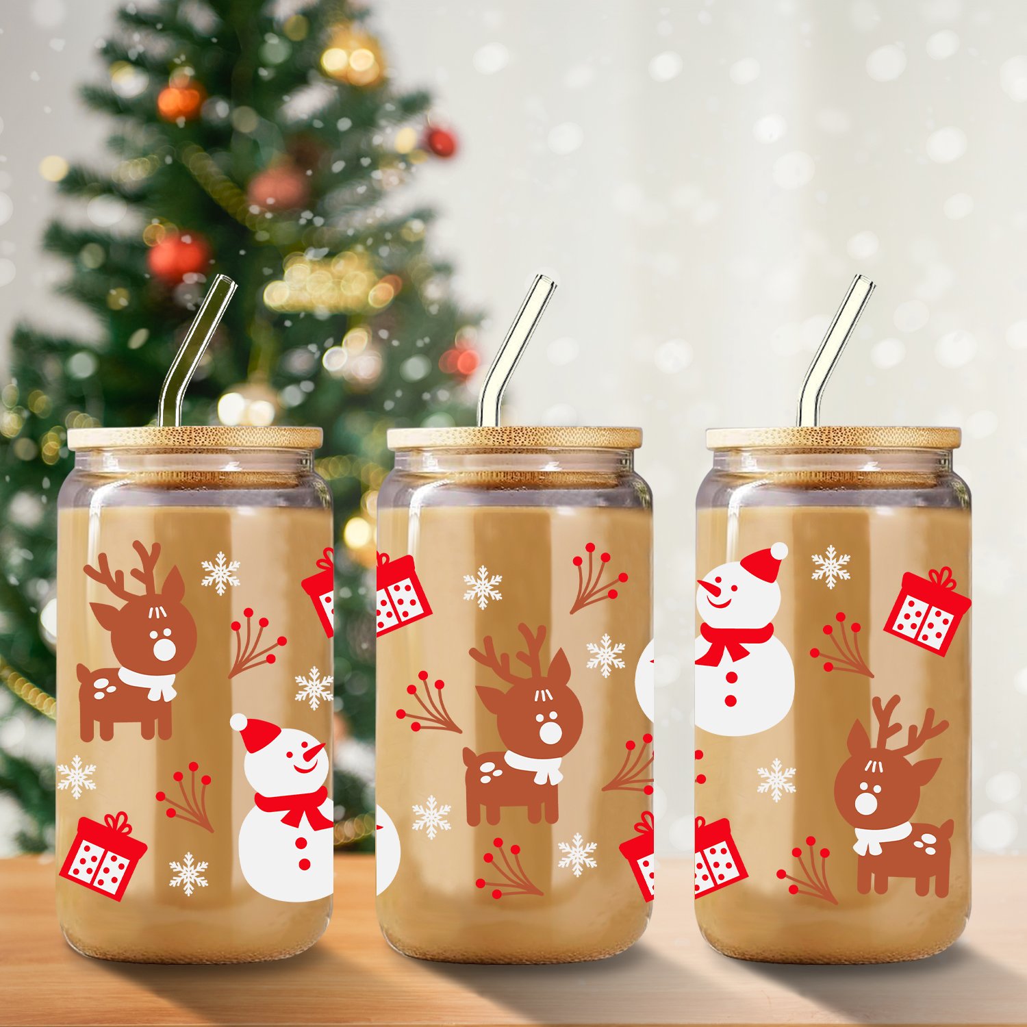 1pc Christmas Coffee Mug 16oz Clear Deer Snowman Decals Glass Tumbler Mug Iced Coffee Lover Gift Soda Cup With Lid And Straw