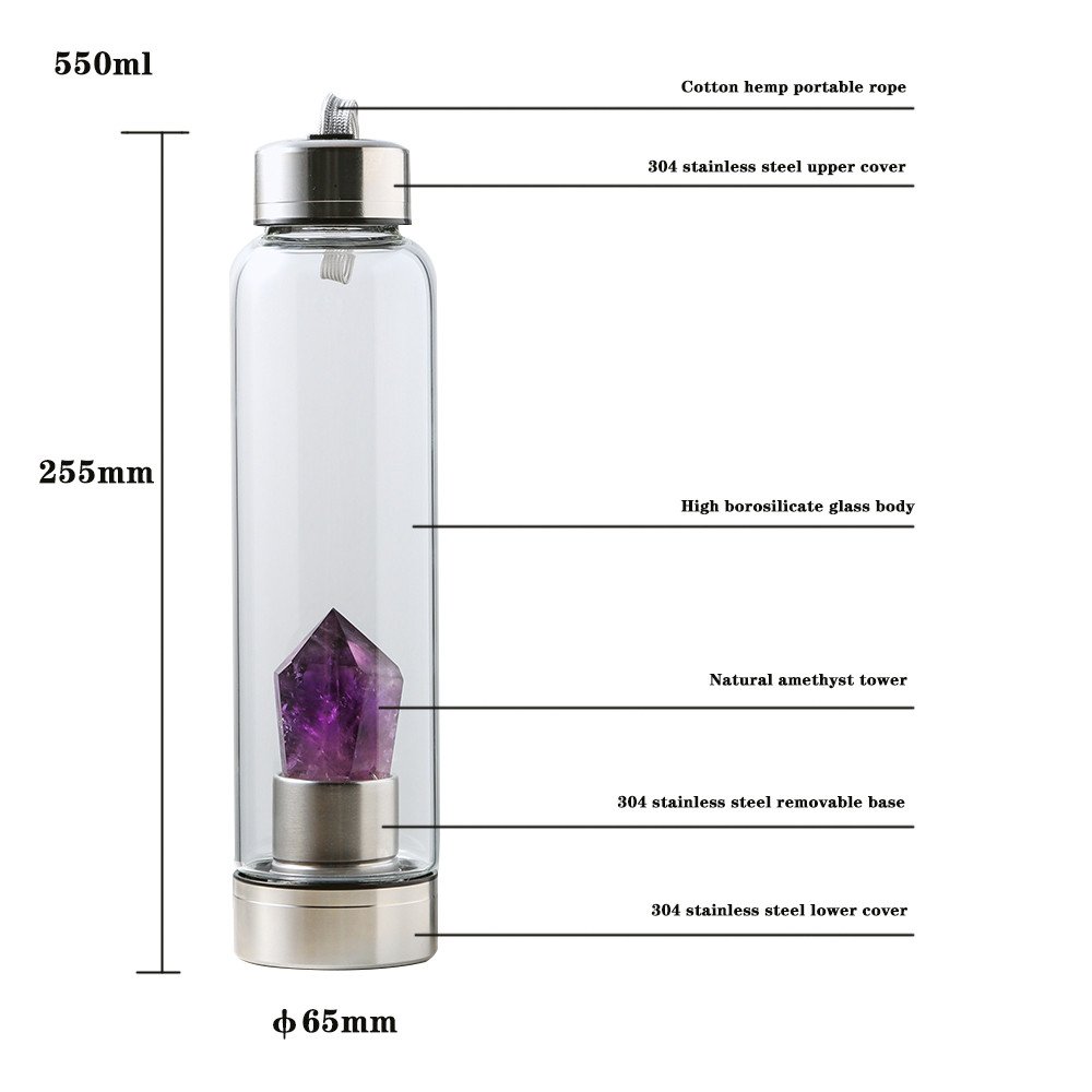 wholesale550ML New product Natural Crystal Stone Water Bottle Ametrhyst Towar Glass Cup Healing Obelisk Wand Elixir Quartz
