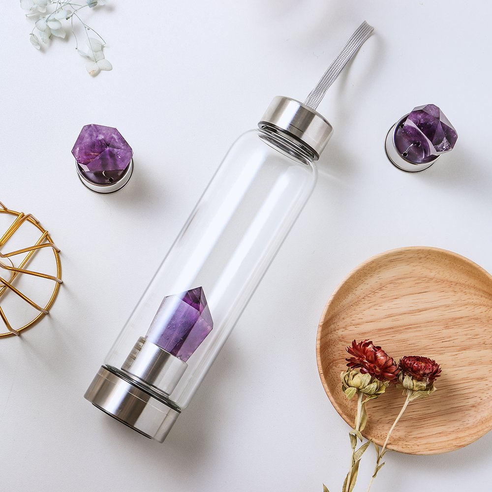wholesale550ML New product Natural Crystal Stone Water Bottle Ametrhyst Towar Glass Cup Healing Obelisk Wand Elixir Quartz