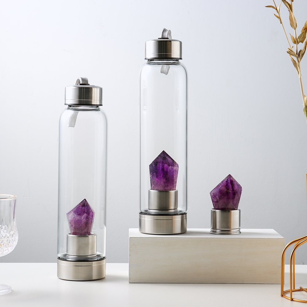 wholesale550ML New product Natural Crystal Stone Water Bottle Ametrhyst Towar Glass Cup Healing Obelisk Wand Elixir Quartz