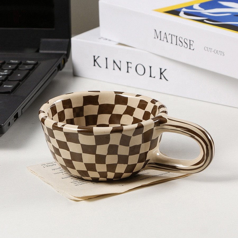 tasse sublimation Milk Tea Couple Mug Gifts Nordic Ceramic Coffee Mugs Cups grid Mugs With Ring Handle