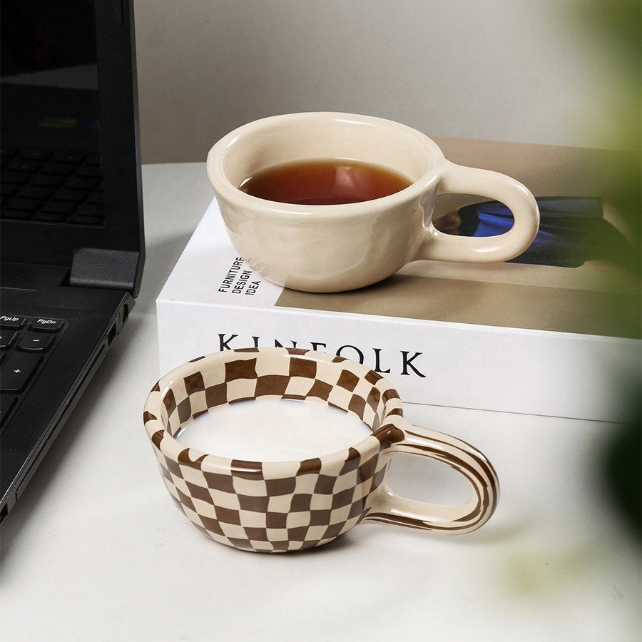 tasse sublimation Milk Tea Couple Mug Gifts Nordic Ceramic Coffee Mugs Cups grid Mugs With Ring Handle