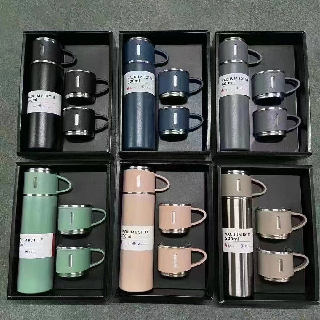 Christmas Gift 3pcs Outdoor Travel Coffee Tea Thermos Vacuum Flask Stainless Steel Water Bottle Gift Set With 2 Cup