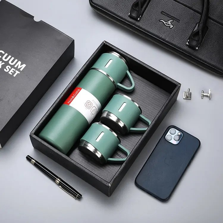 Christmas Gift 3pcs Outdoor Travel Coffee Tea Thermos Vacuum Flask Stainless Steel Water Bottle Gift Set With 2 Cup