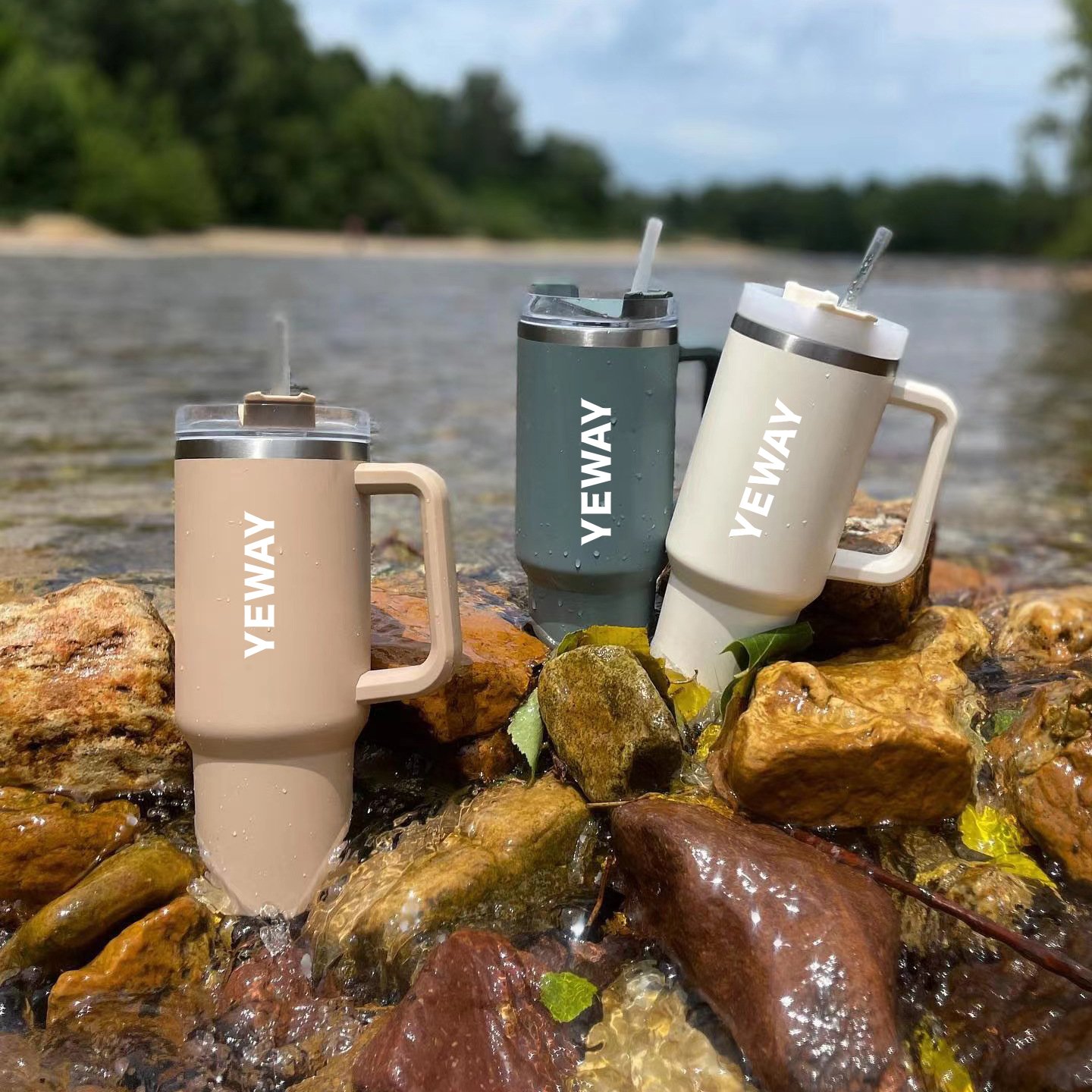 Yeway New Stainless Steel Vacuum Insulated 40oz coffee Tumbler with Handle and Straw travel mug BPA FREE Insulated 40oz tumbler