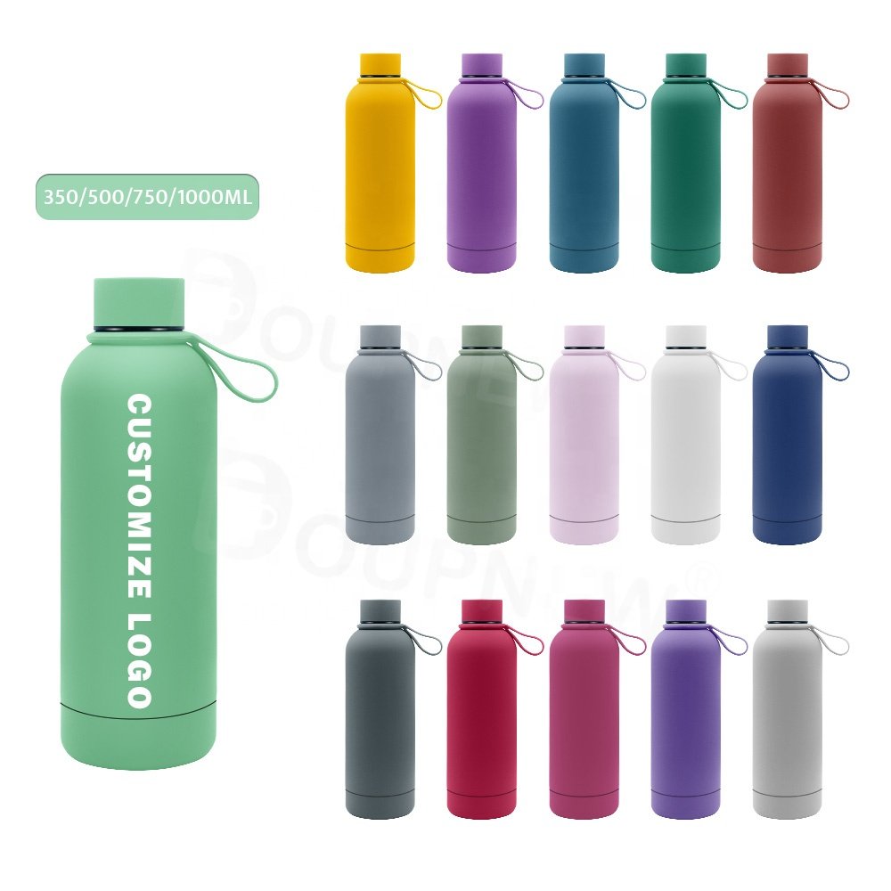 Customizable High Quality 500ml Soft Touch Small Mouth Stainless Steel Water Bottle Flask Vacuum Water Bottles Thermos With Rope