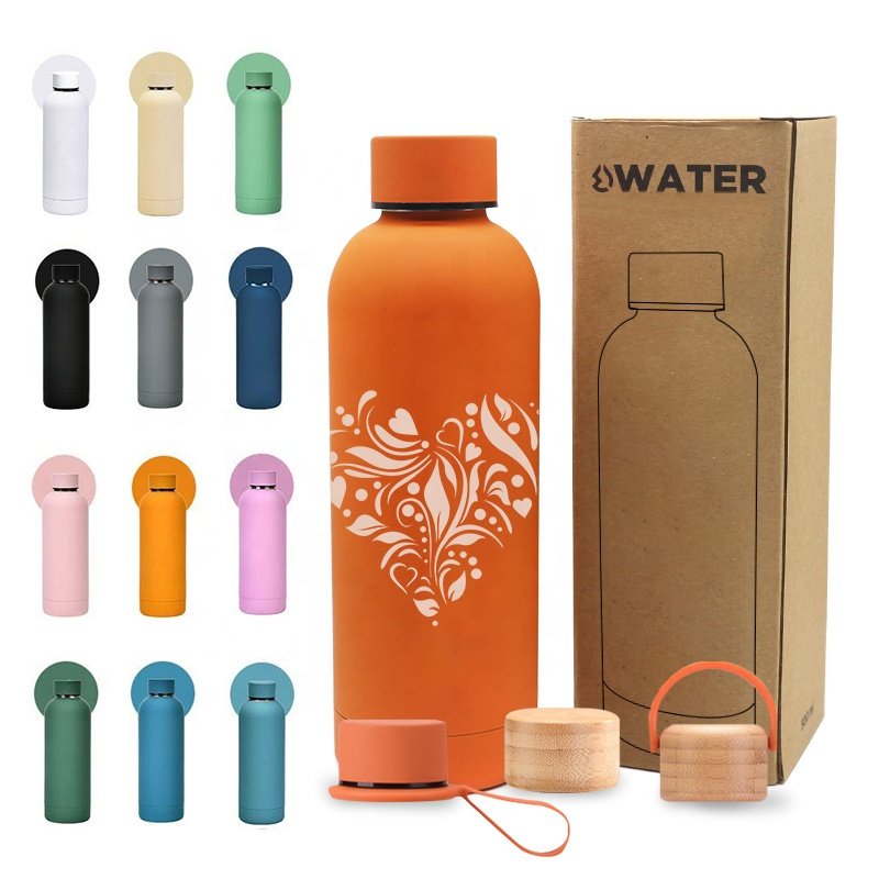 Customizable High Quality 500ml Soft Touch Small Mouth Stainless Steel Water Bottle Flask Vacuum Water Bottles Thermos With Rope