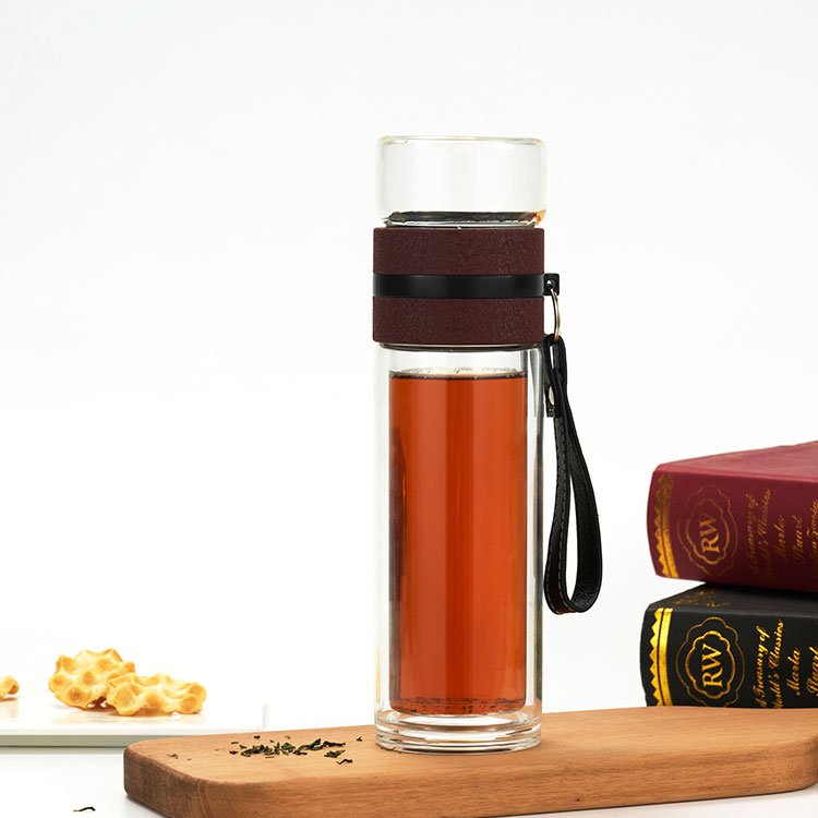 Drinking Mug Tea Bottle Filter Transparent Double Wall Glass with Stainless Steel Water Bottles with Tea Infuser Accessories