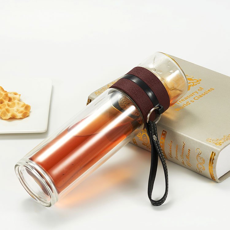 Drinking Mug Tea Bottle Filter Transparent Double Wall Glass with Stainless Steel Water Bottles with Tea Infuser Accessories