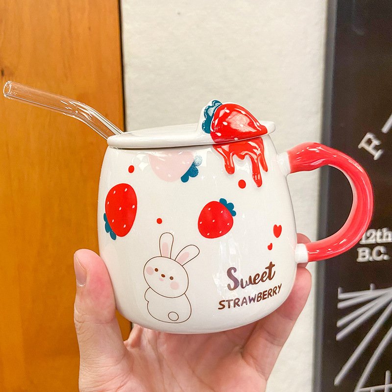 Zogifts Cute Korean Cartoon Strawberry Rabbit Pattern Kids Straw Mugs Ceramic Coffee Eco Friendly Travel Mug With Gift Box