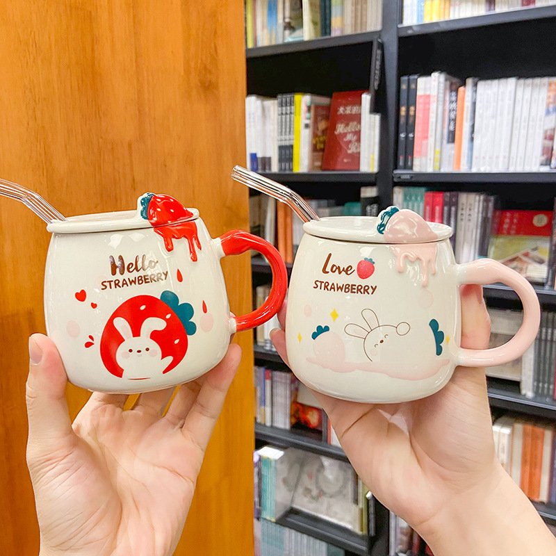 Zogifts Cute Korean Cartoon Strawberry Rabbit Pattern Kids Straw Mugs Ceramic Coffee Eco Friendly Travel Mug With Gift Box