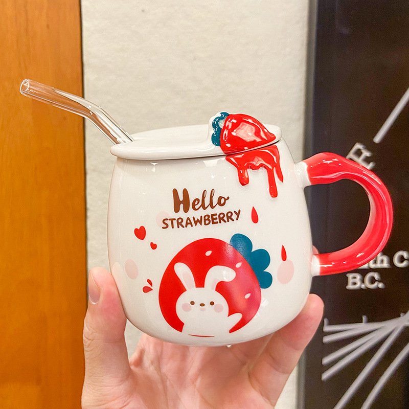 Zogifts Cute Korean Cartoon Strawberry Rabbit Pattern Kids Straw Mugs Ceramic Coffee Eco Friendly Travel Mug With Gift Box